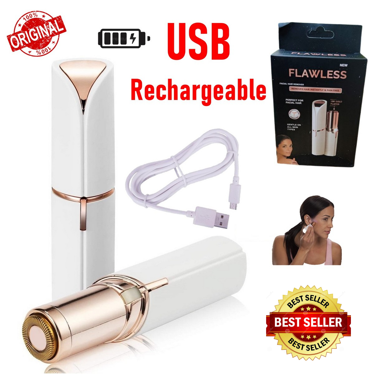 FLAWLESS 3-in-1 USB Rechargeable Hair Removal Tool for Women, Painless Hair Treatment for Face & Body, Finishing Touch - Facial Hair Remover For Women Woman Hair & Eye Brow Shaper Upper Lips Hair Removing Machine Compact Design